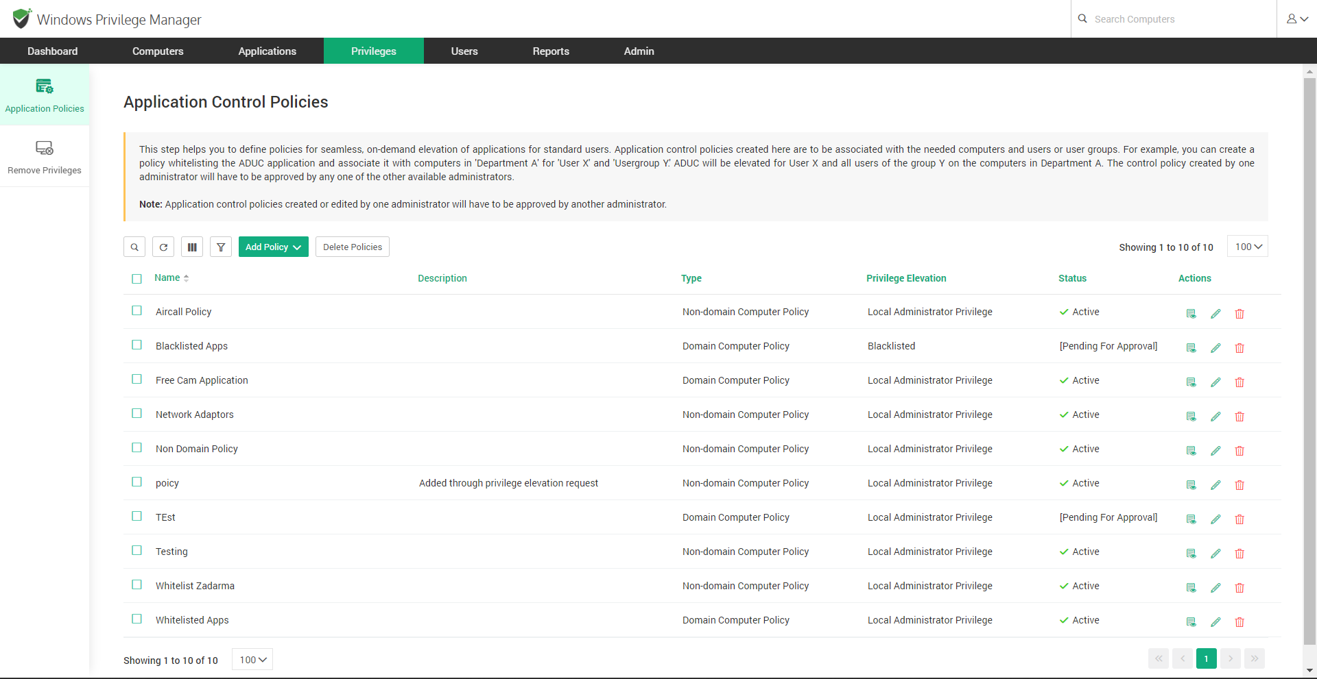screenshot of EndPoint Privilege Manager